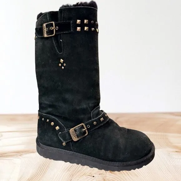 Ugg Black Suede Leather Sherpa Studded Boots Size 5 US 35 Euro Girls or Womens