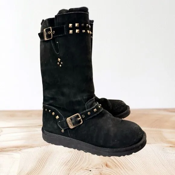 Ugg Black Suede Leather Sherpa Studded Boots Size 5 US 35 Euro Girls or Womens