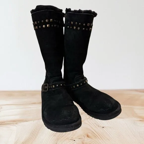 Ugg Black Suede Leather Sherpa Studded Boots Size 5 US 35 Euro Girls or Womens