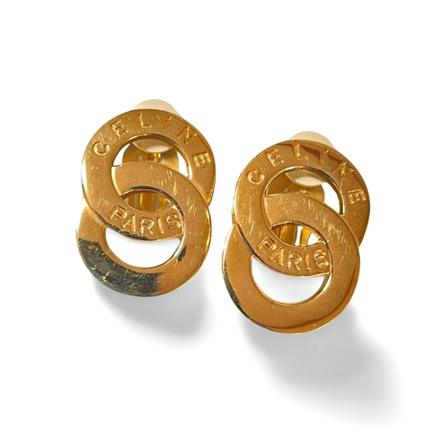Vintage Celine Gold tone double round motif earrings with embossed logo. Great vintage jewelry gift idea. 060611ac