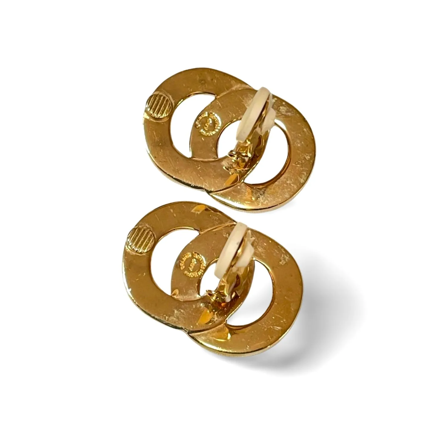 Vintage Celine Gold tone double round motif earrings with embossed logo. Great vintage jewelry gift idea. 060611ac