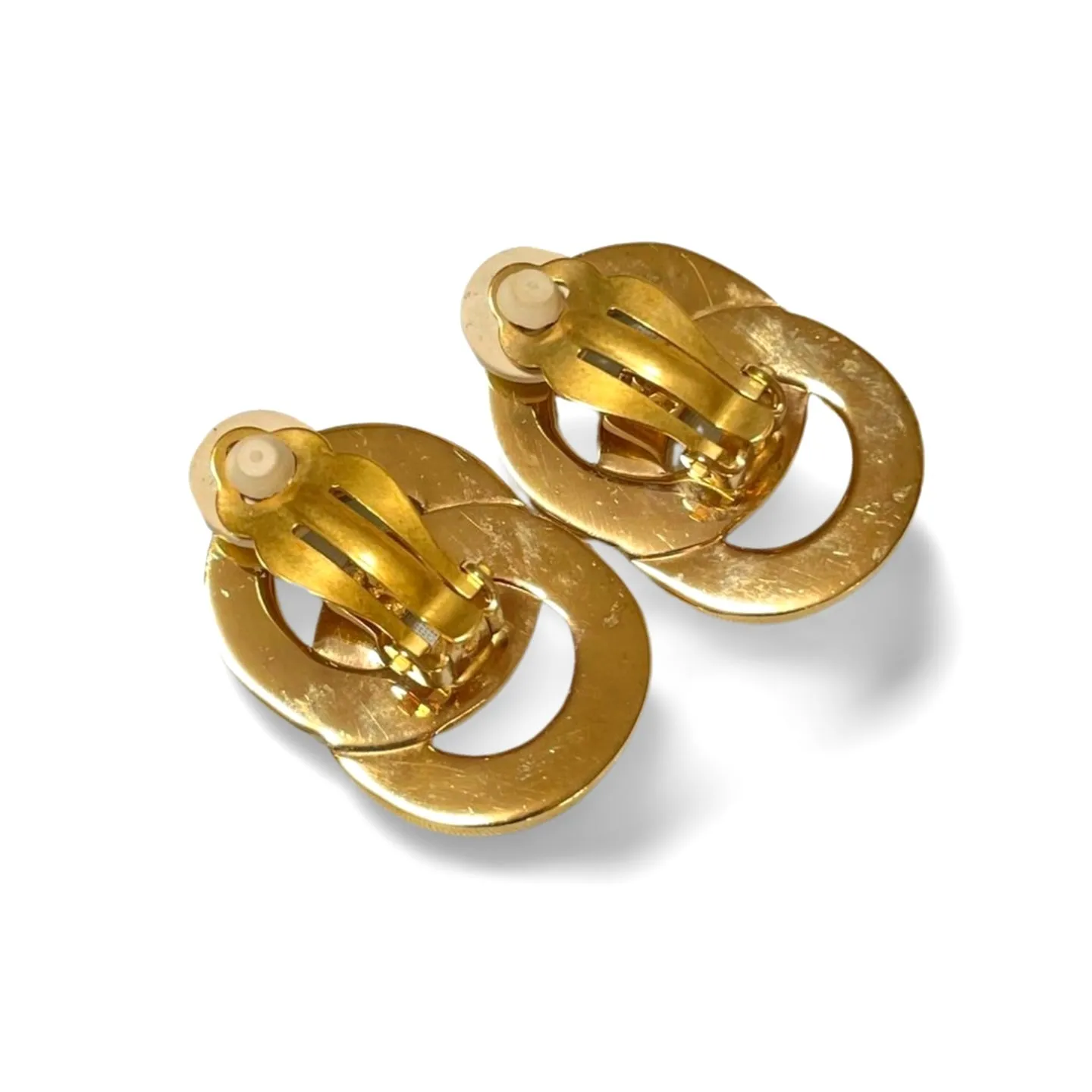 Vintage Celine Gold tone double round motif earrings with embossed logo. Great vintage jewelry gift idea. 060611ac