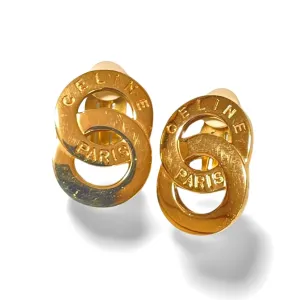 Vintage Celine Gold tone double round motif earrings with embossed logo. Great vintage jewelry gift idea. 060611ac
