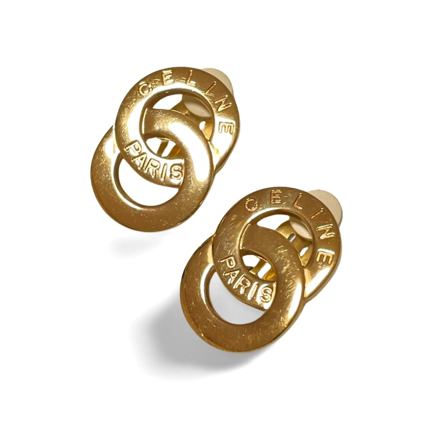 Vintage Celine Gold tone double round motif earrings with embossed logo. Great vintage jewelry gift idea. 060611ac