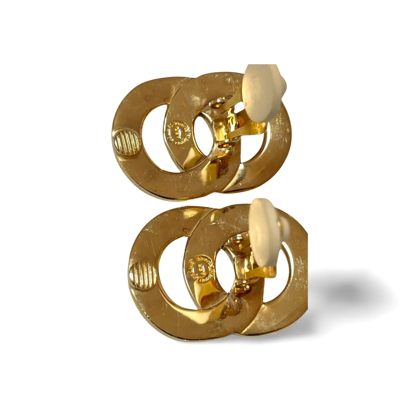 Vintage Celine Gold tone double round motif earrings with embossed logo. Great vintage jewelry gift idea. 060611ac