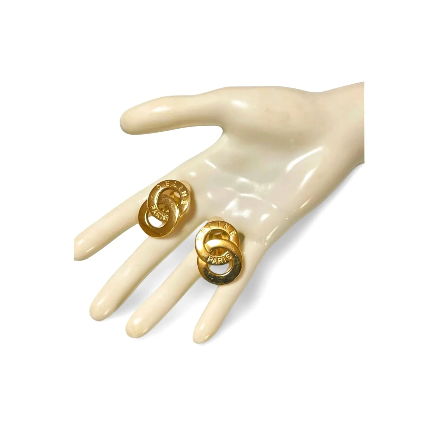 Vintage Celine Gold tone double round motif earrings with embossed logo. Great vintage jewelry gift idea. 060611ac