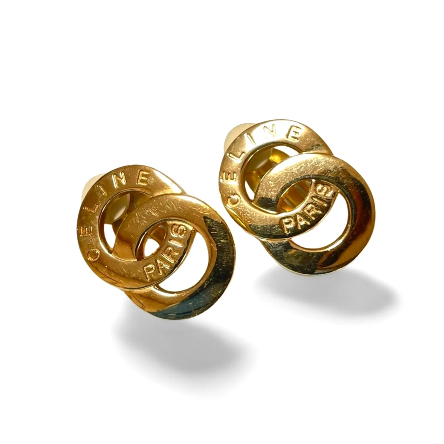 Vintage Celine Gold tone double round motif earrings with embossed logo. Great vintage jewelry gift idea. 060611ac
