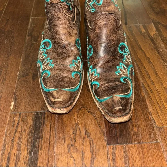 Vintage Real Leather &amp; Turquoise Embroidered Cowgirl Boots