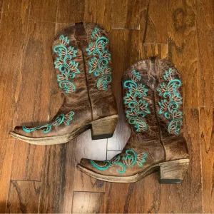 Vintage Real Leather &amp; Turquoise Embroidered Cowgirl Boots