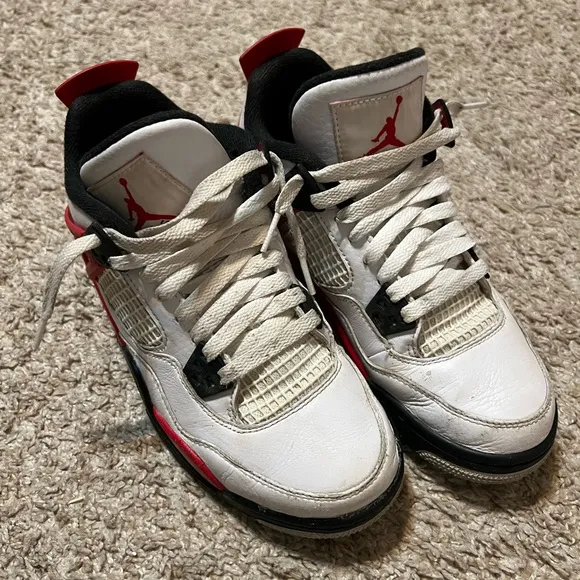 White and Red Jordan 4 Sneakers