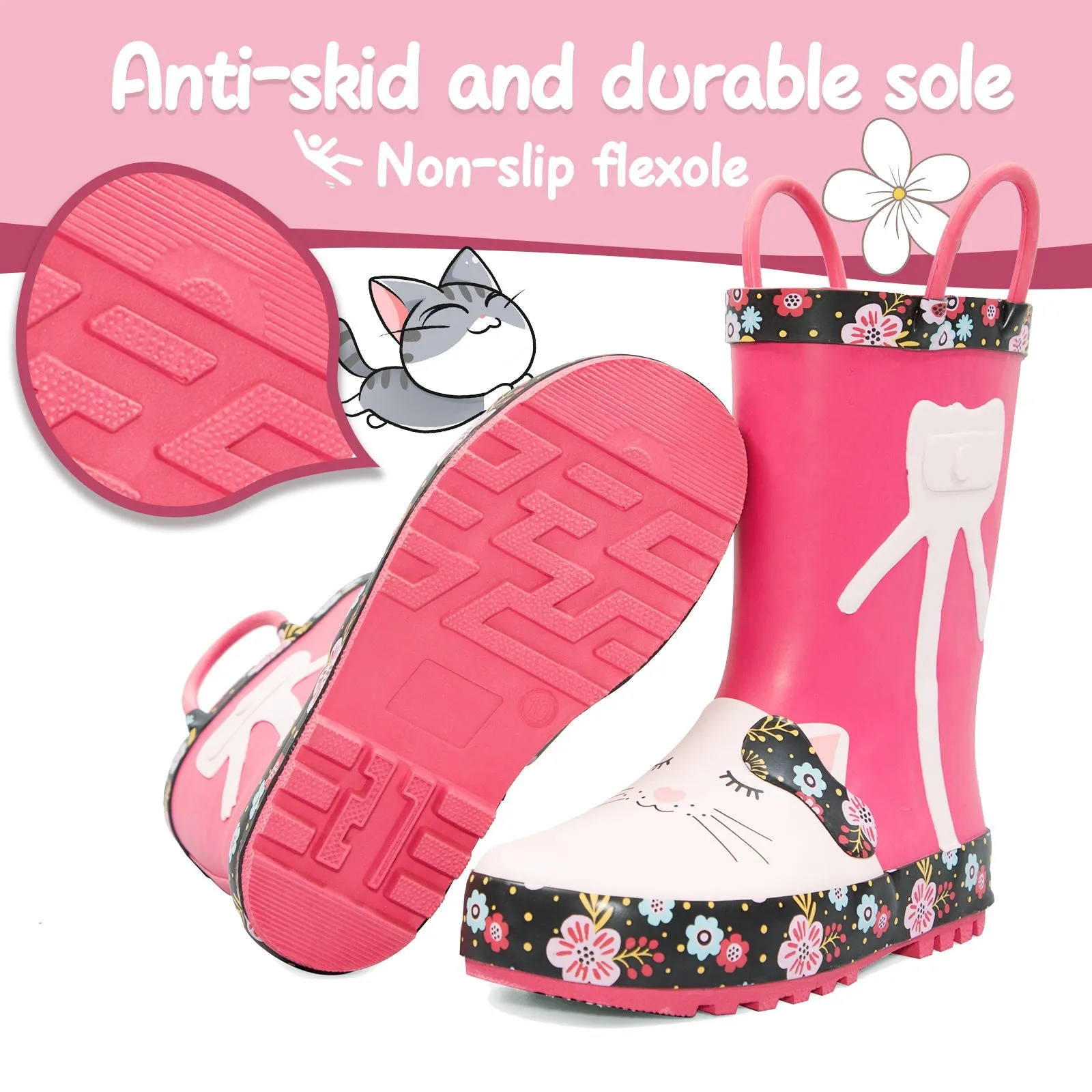 White Cat Flower Print Red Rubber Rain Boots