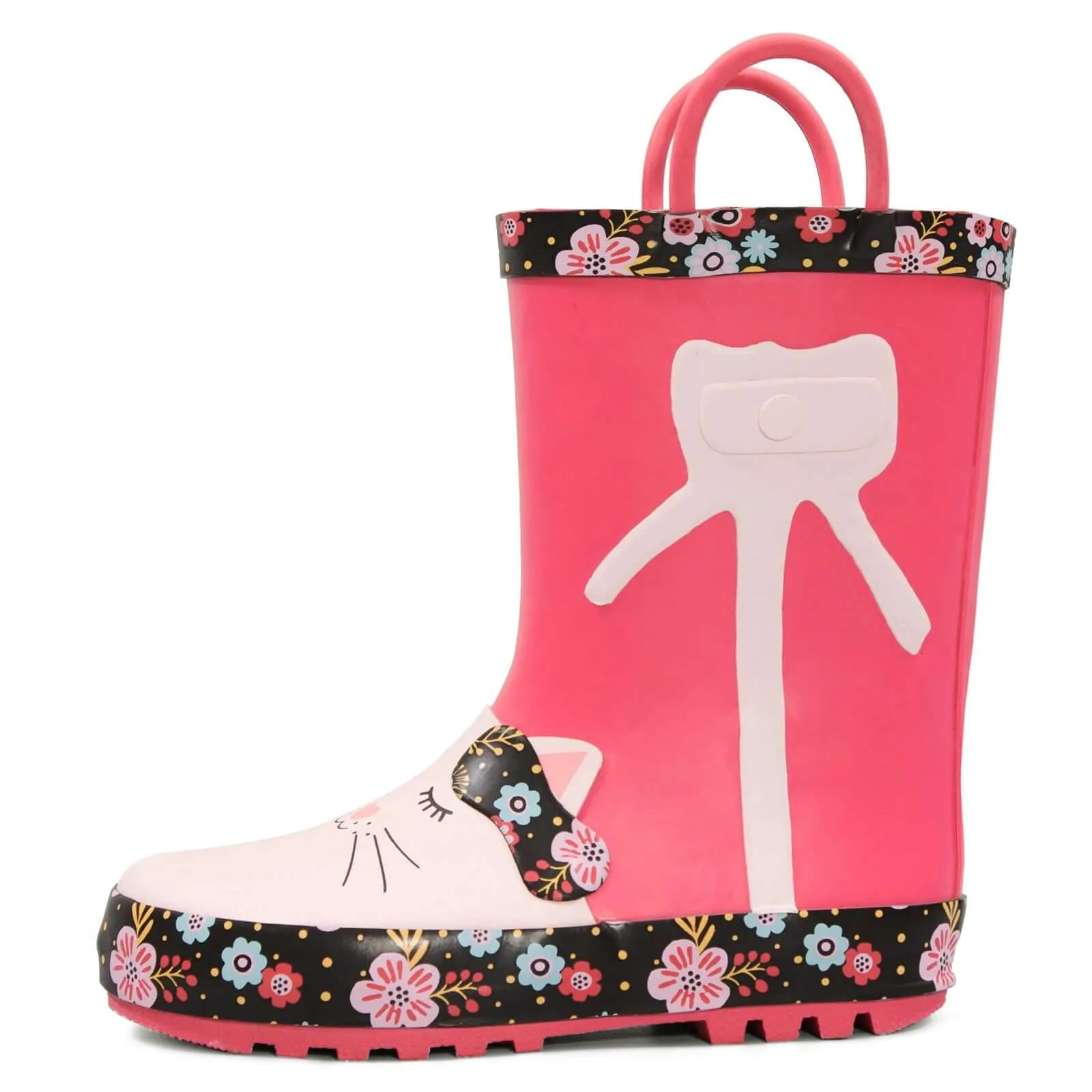 White Cat Flower Print Red Rubber Rain Boots