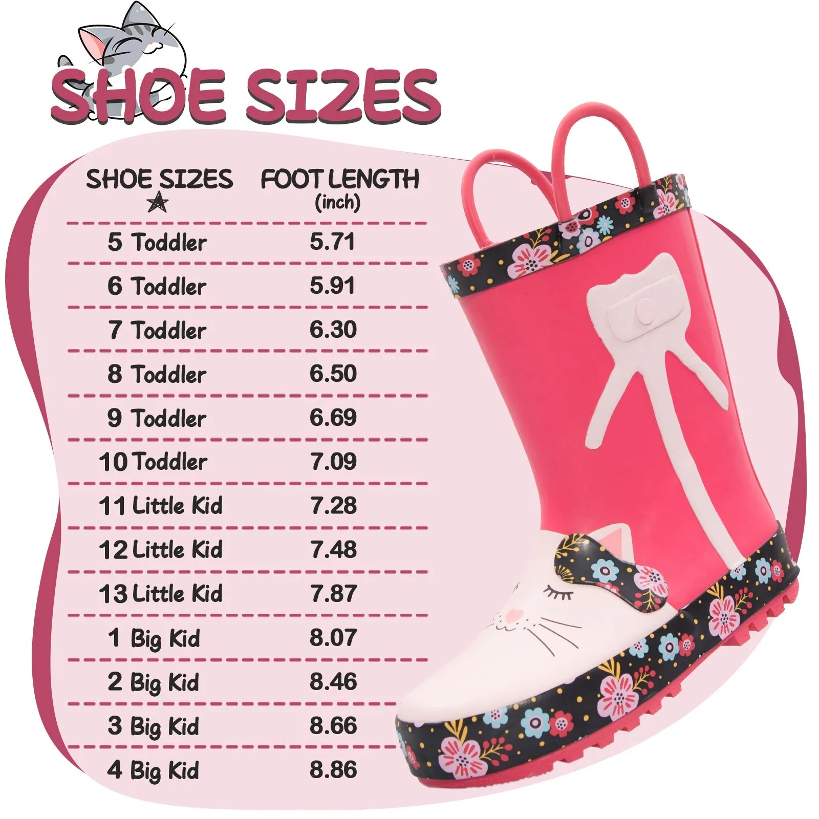 White Cat Flower Print Red Rubber Rain Boots