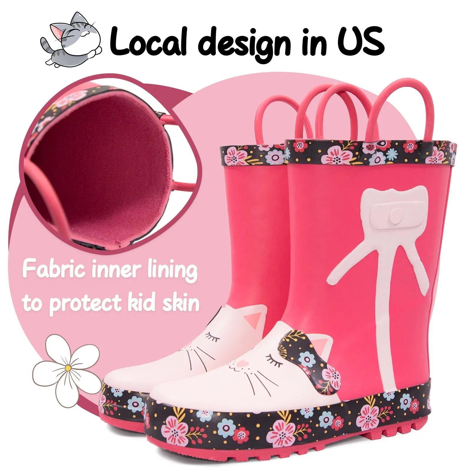 White Cat Flower Print Red Rubber Rain Boots