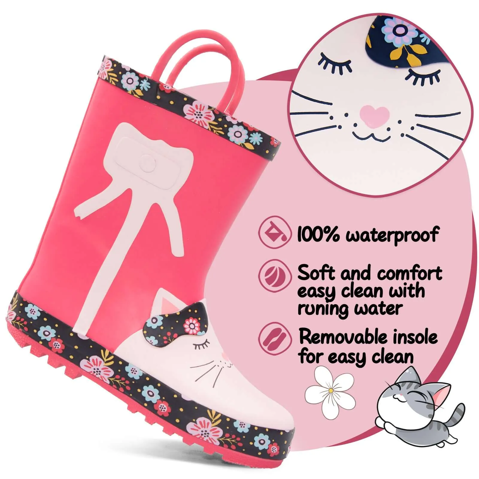 White Cat Flower Print Red Rubber Rain Boots