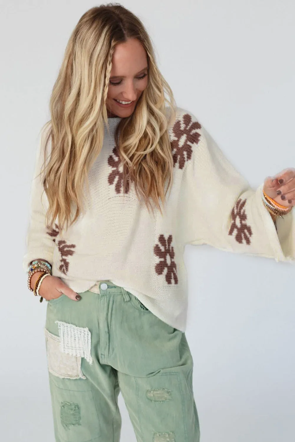 White Colorblock Floral Pattern Round Neck Sweater