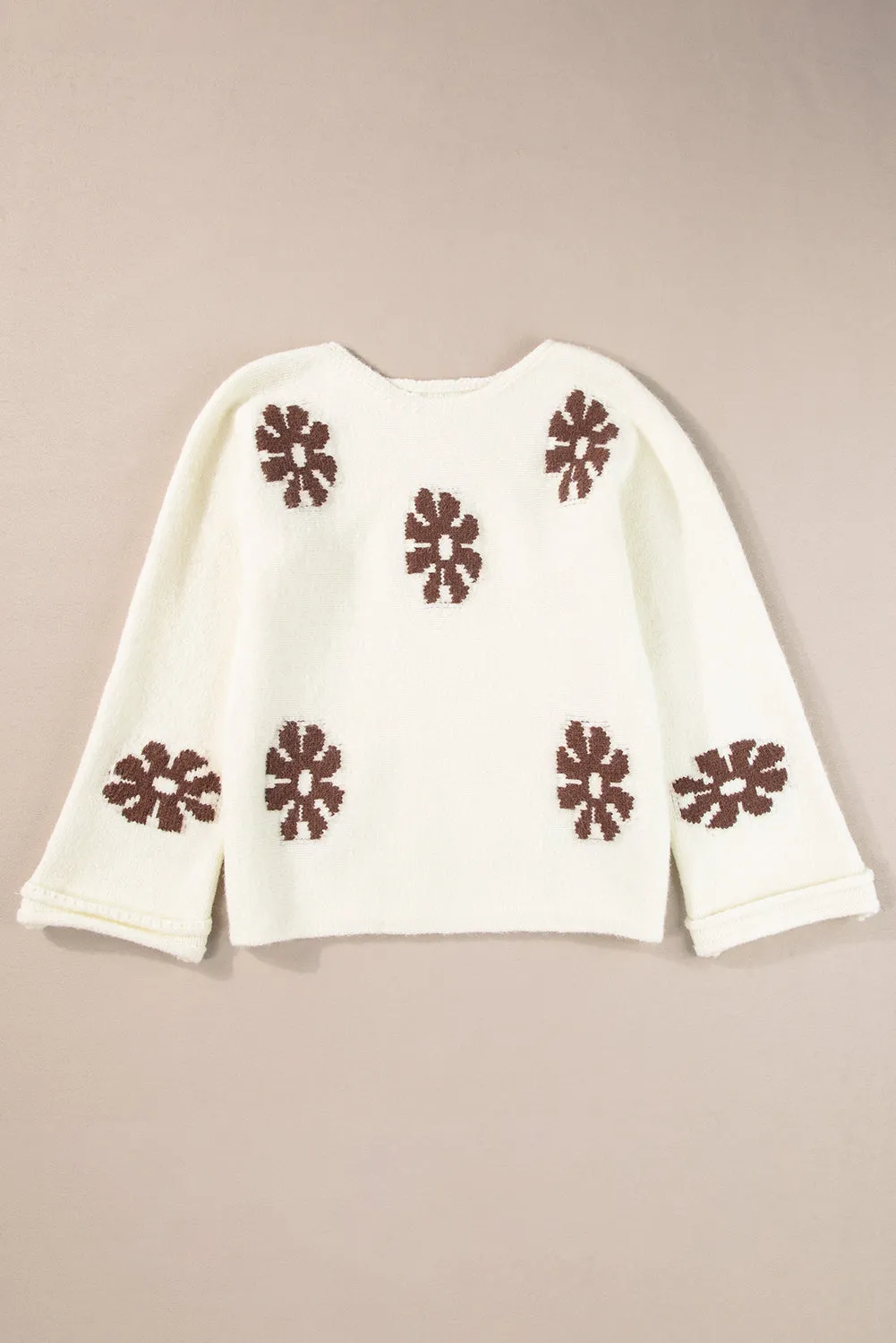 White Colorblock Floral Pattern Round Neck Sweater