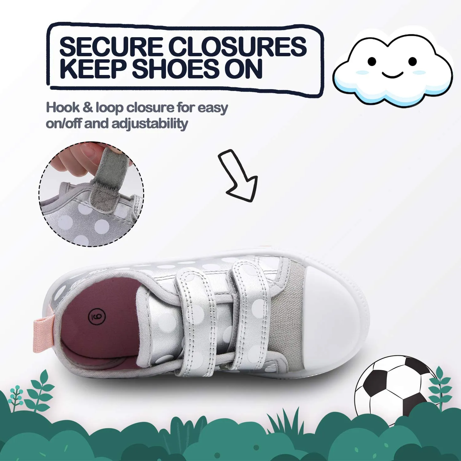 White Polka Dot Double Velcro Silver Sneakers