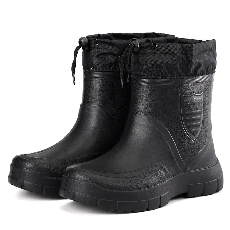 Winter Windproof Cotton Rain Boots Men Warm Light Ankle Rainboots Fashion Black Slip on Rain Shoes Men Waterproof Work