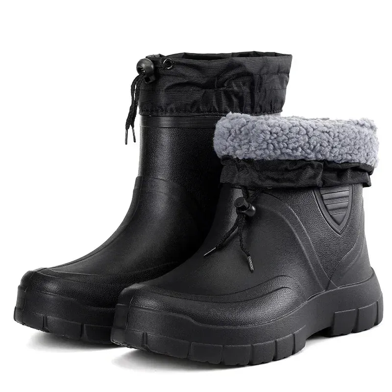 Winter Windproof Cotton Rain Boots Men Warm Light Ankle Rainboots Fashion Black Slip on Rain Shoes Men Waterproof Work