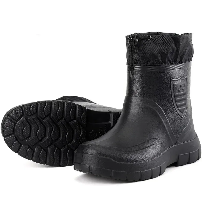Winter Windproof Cotton Rain Boots Men Warm Light Ankle Rainboots Fashion Black Slip on Rain Shoes Men Waterproof Work