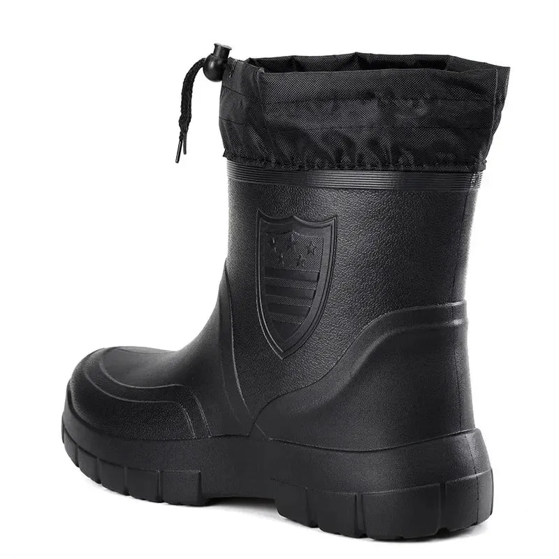 Winter Windproof Cotton Rain Boots Men Warm Light Ankle Rainboots Fashion Black Slip on Rain Shoes Men Waterproof Work