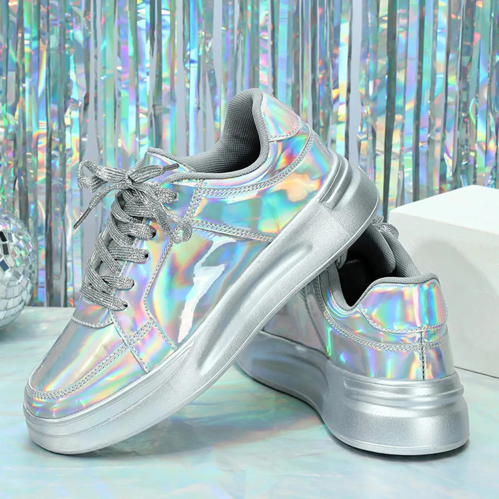 Women Casual Shoes Fashion Breathable Walking Sneakers Couples Fashion Thick Soled Sequins Lace Up Heightening Casual Tenis