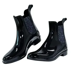 Women Fashion Chelsea Rain Boots Basic Shiny Ankle Boots Waterproof Shoes with Elastic Band Non-slip Comfortable Boots