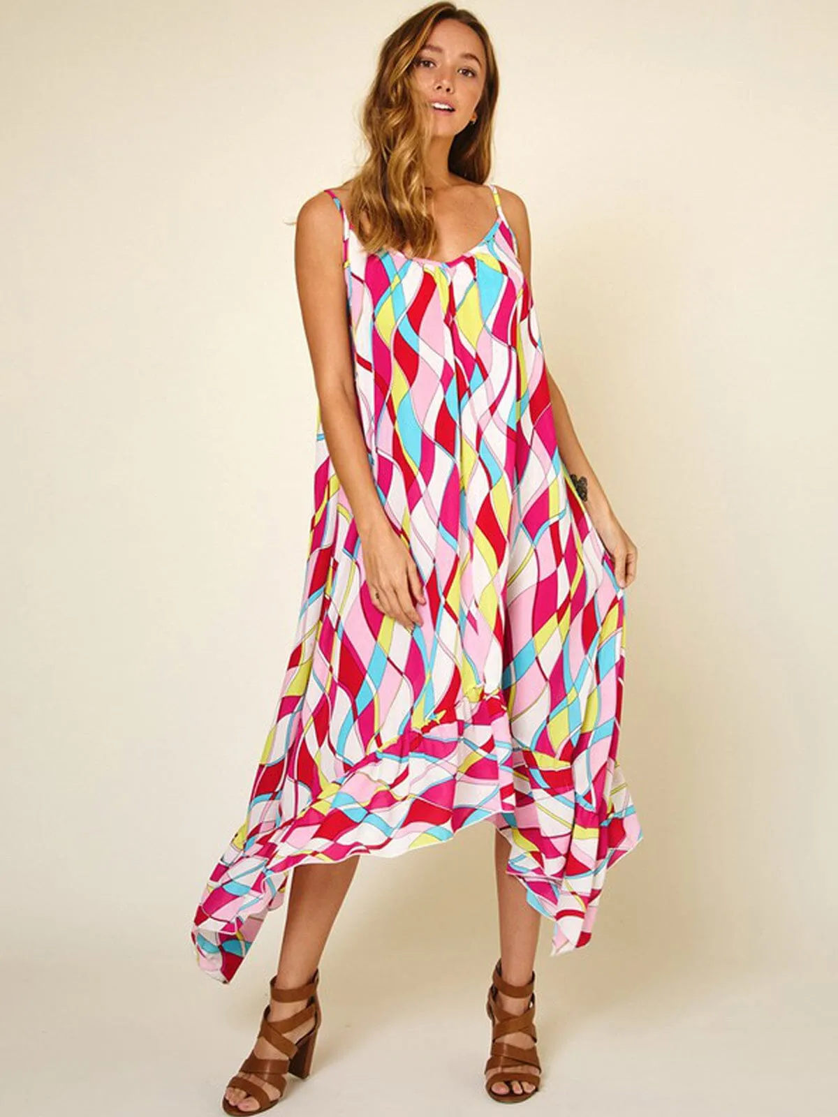 WOMEN'S SLEEVELESS COLORBLOCK MULTI PRINT MAXI DRESS
