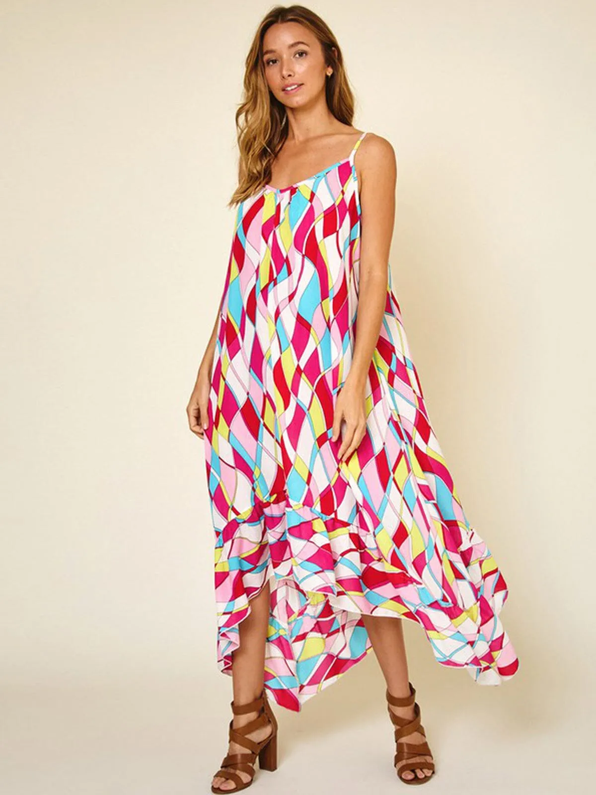 WOMEN'S SLEEVELESS COLORBLOCK MULTI PRINT MAXI DRESS