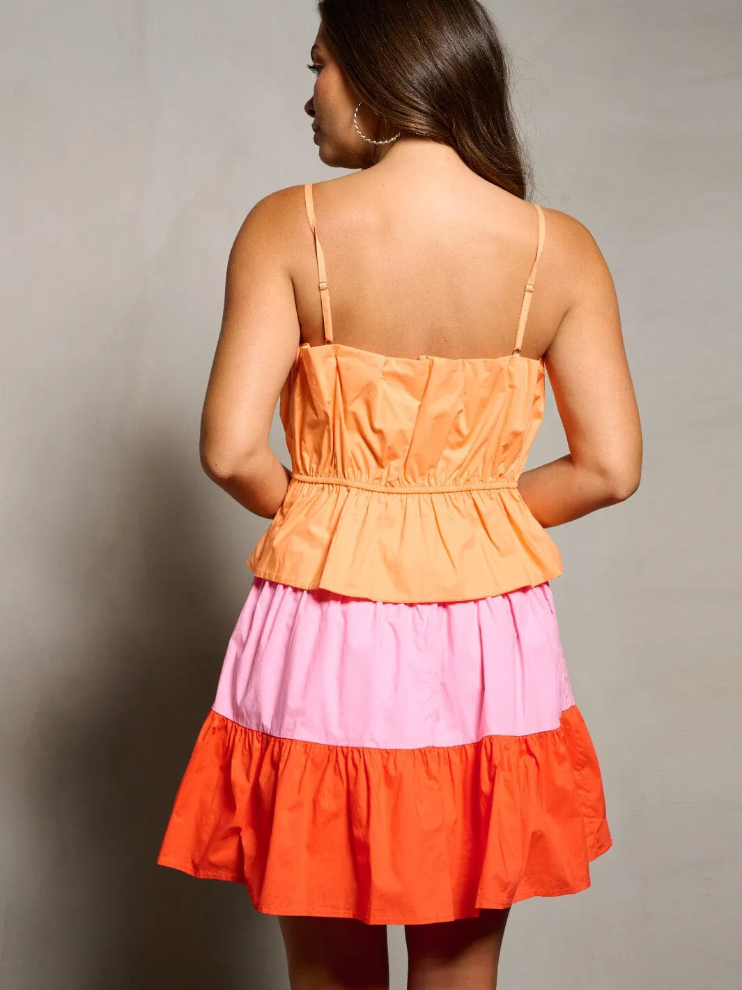 WOMEN'S SLEEVELESS TIERED RUFFLE COLORBLOCK MINI DRESS