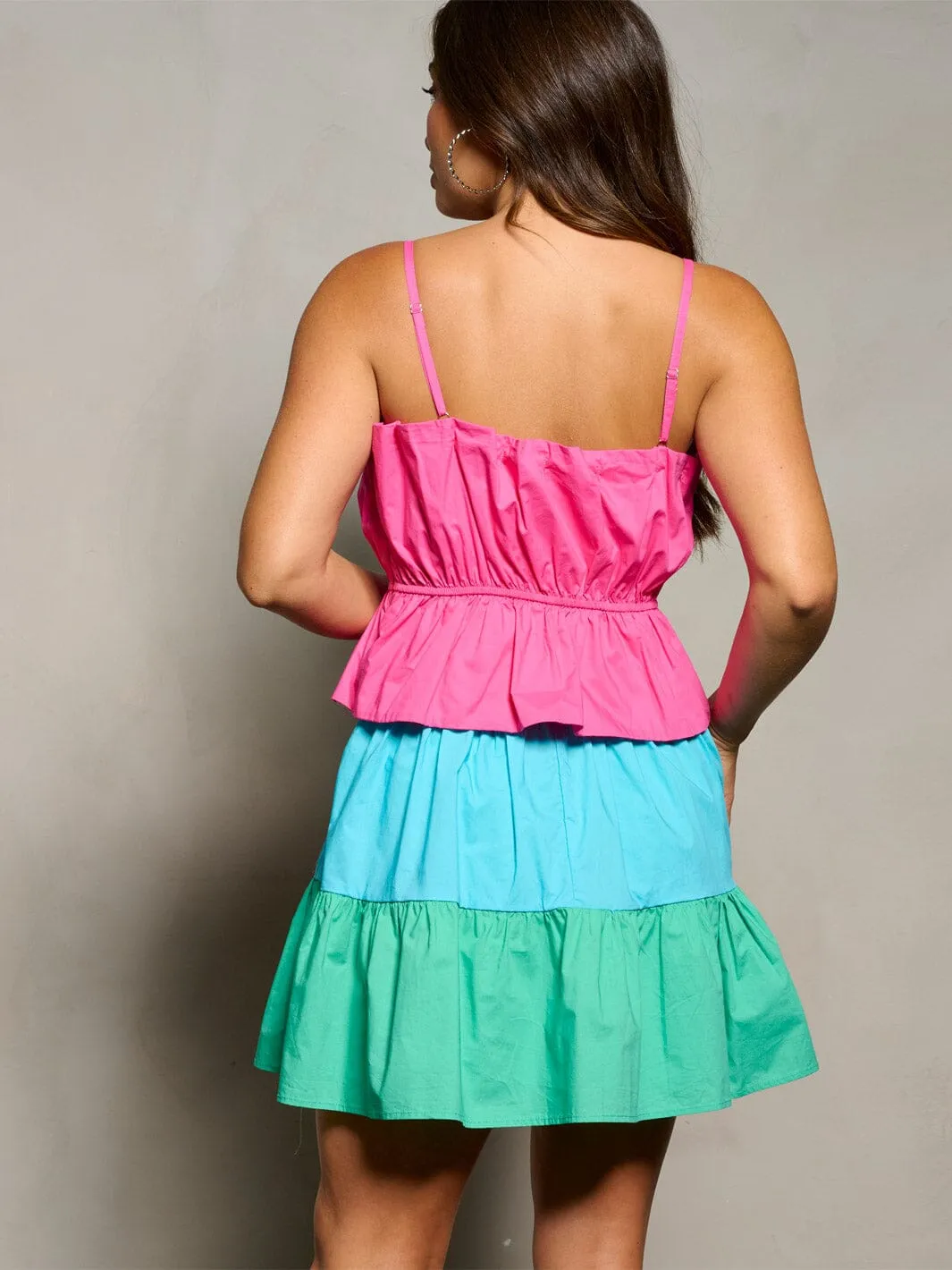 WOMEN'S SLEEVELESS TIERED RUFFLE COLORBLOCK MINI DRESS