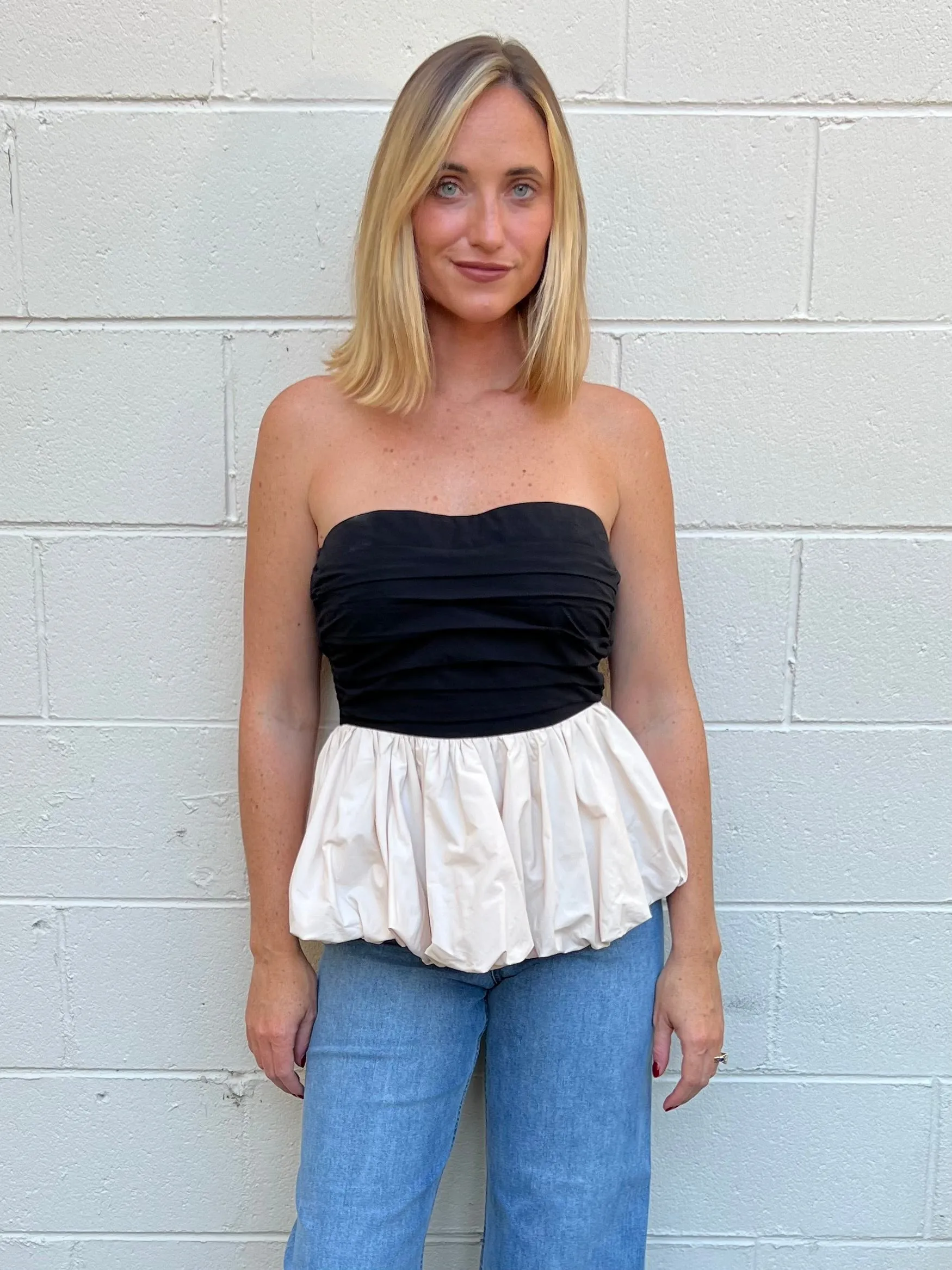 Worth The Effort Strapless Peplum Top - Black/Natural