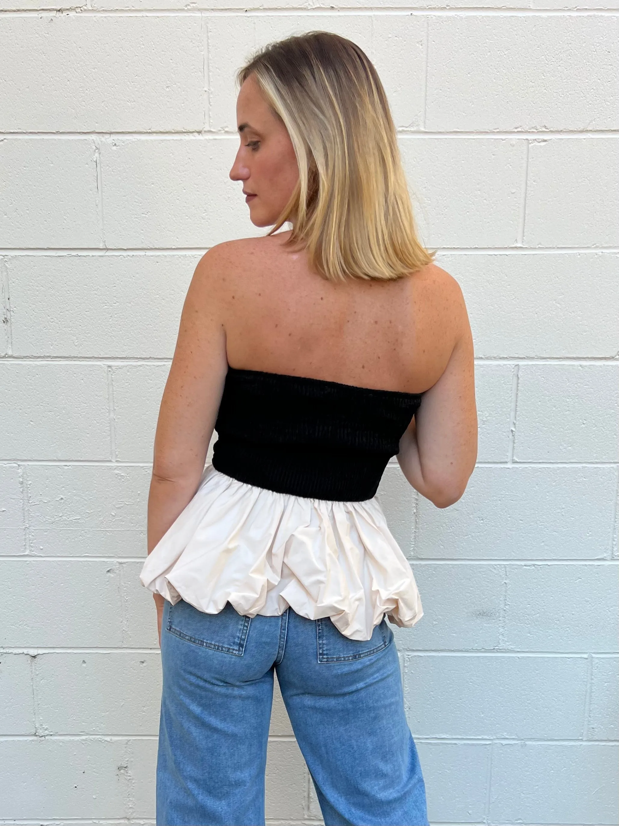 Worth The Effort Strapless Peplum Top - Black/Natural