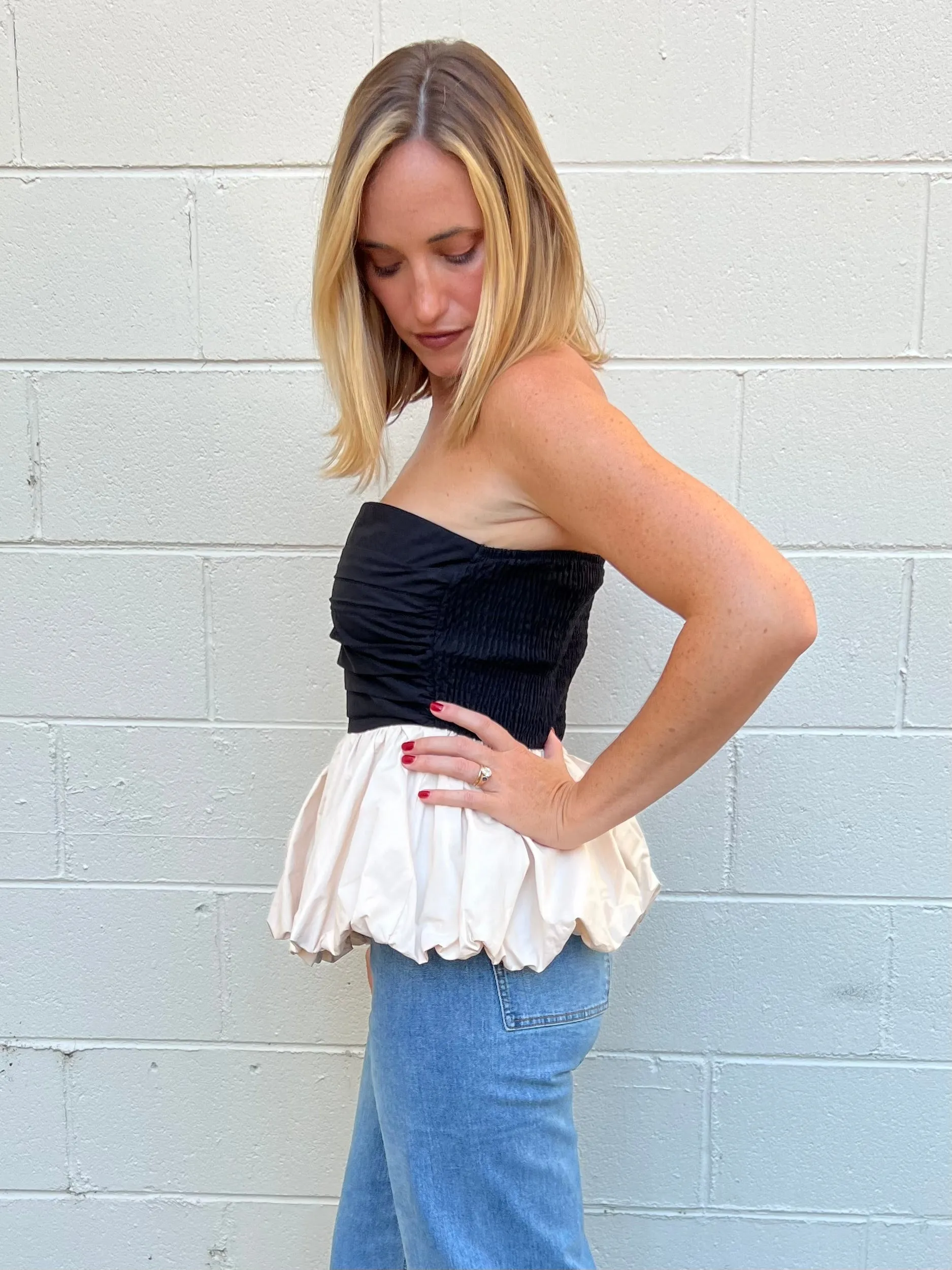 Worth The Effort Strapless Peplum Top - Black/Natural