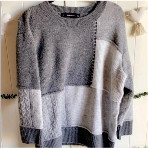 Zara Colorblock Sweater Size Small Beige White Gray Soft Pullover Round Neck