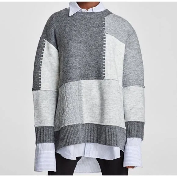 Zara Colorblock Sweater Size Small Beige White Gray Soft Pullover Round Neck