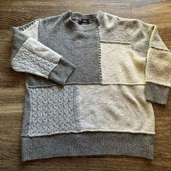 Zara Colorblock Sweater Size Small Beige White Gray Soft Pullover Round Neck