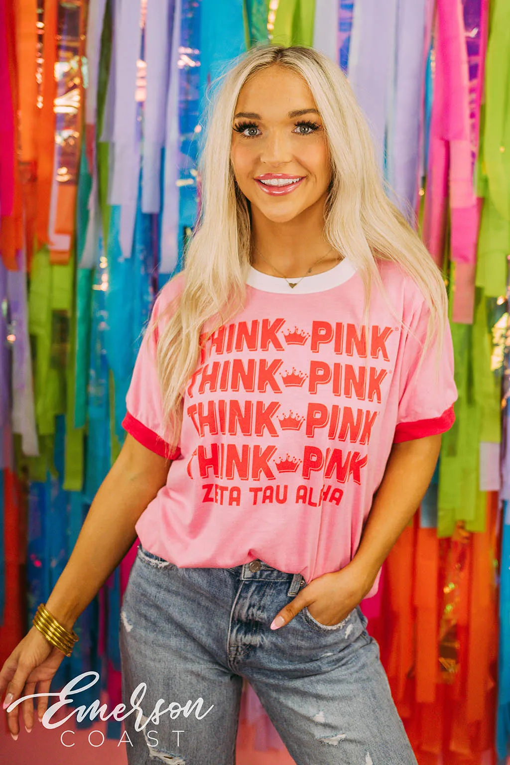 Zeta Tau Alpha Philanthropy Think Pink Repeating Colorblock Ringer